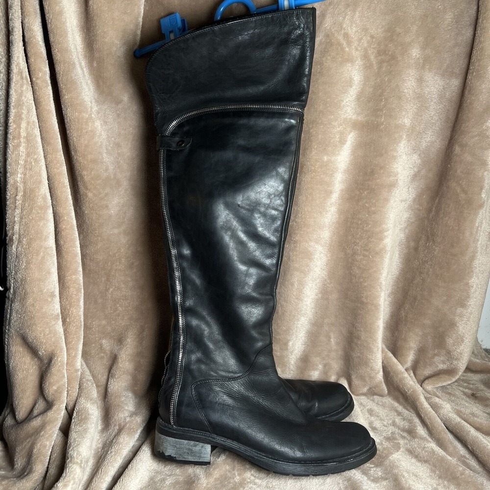 Aquatalia Italian Leather OTK Moto Boots Women's Size 9 Black Zip Plaid Lug Sole